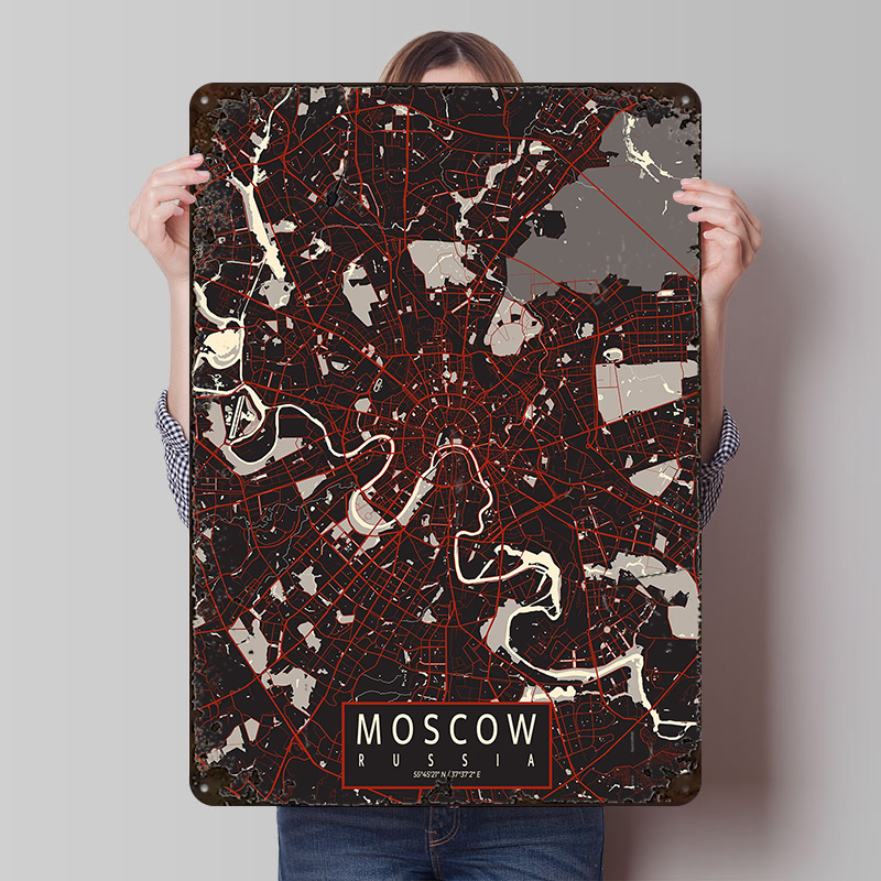 Custom Map Poster - モスクワ市地図ベクトルメタルポスターカスタマイズされた壁アートレトロヴィンテージブリキ看板男の隠れ家ゲーム装飾部屋家