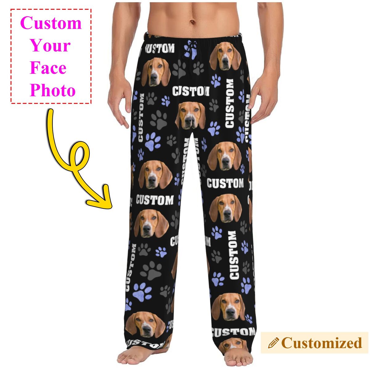 Pet Portrait Custom - 男性用カスタム犬写真パジャマパンツ、ペットの肖像画と名前入りデザイン、ポケット付きスリープウェア、スリープラウンジボトムス