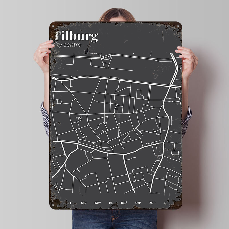 Custom Map Poster - ティルブルグ市中心地地図プリントポスターカスタマイズされたレトロな壁アートヴィンテージメタルブリキ看板家の装飾用装飾部屋