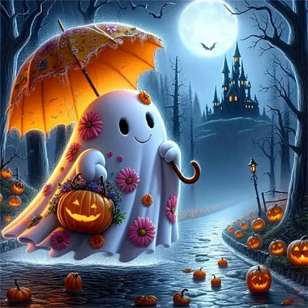 Photo Mosaic Print - ナイトゴーストダイヤモンドペインティングフルスクエアラウンドモザイク漫画ハロウィン子供部屋の装飾